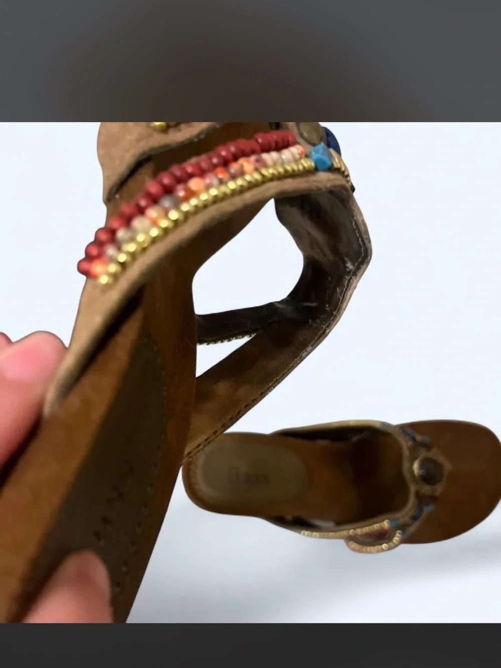Bass Brown Beaded Suede Wedge Sandals